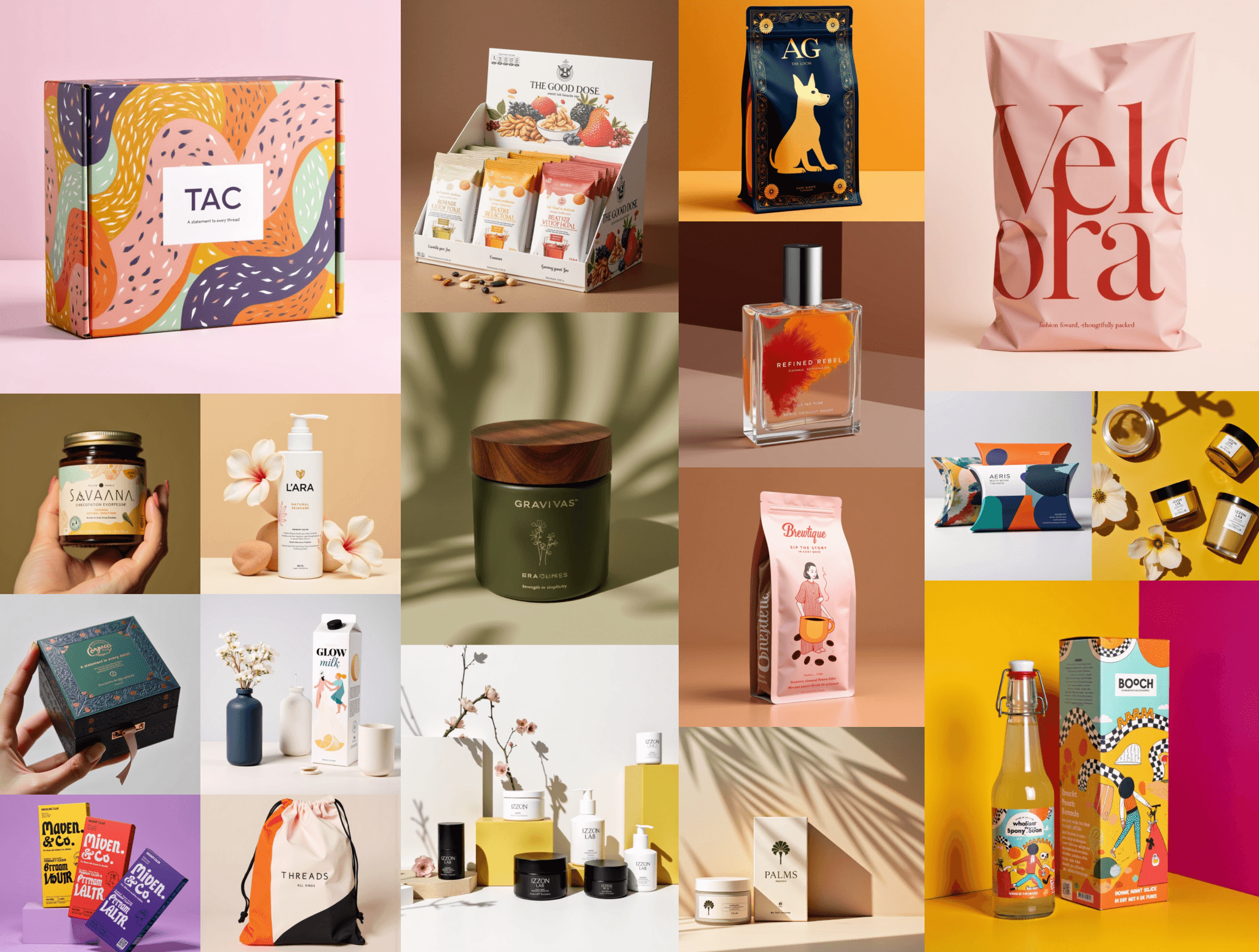 A mural of packaging designs generated with Spring AI Generator