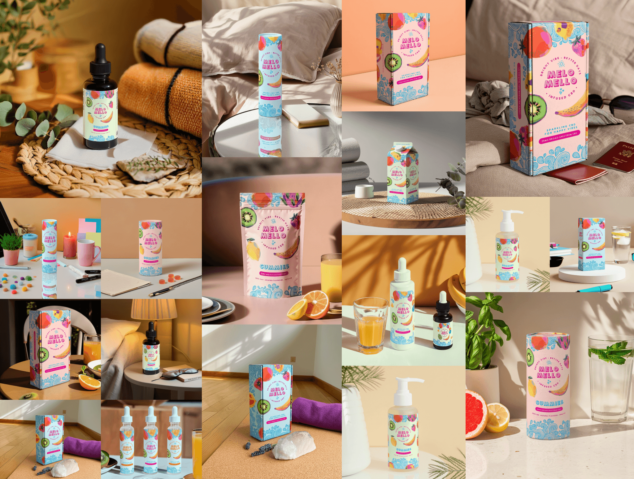 A mural of packaging designs generated with Spring AI Mockup