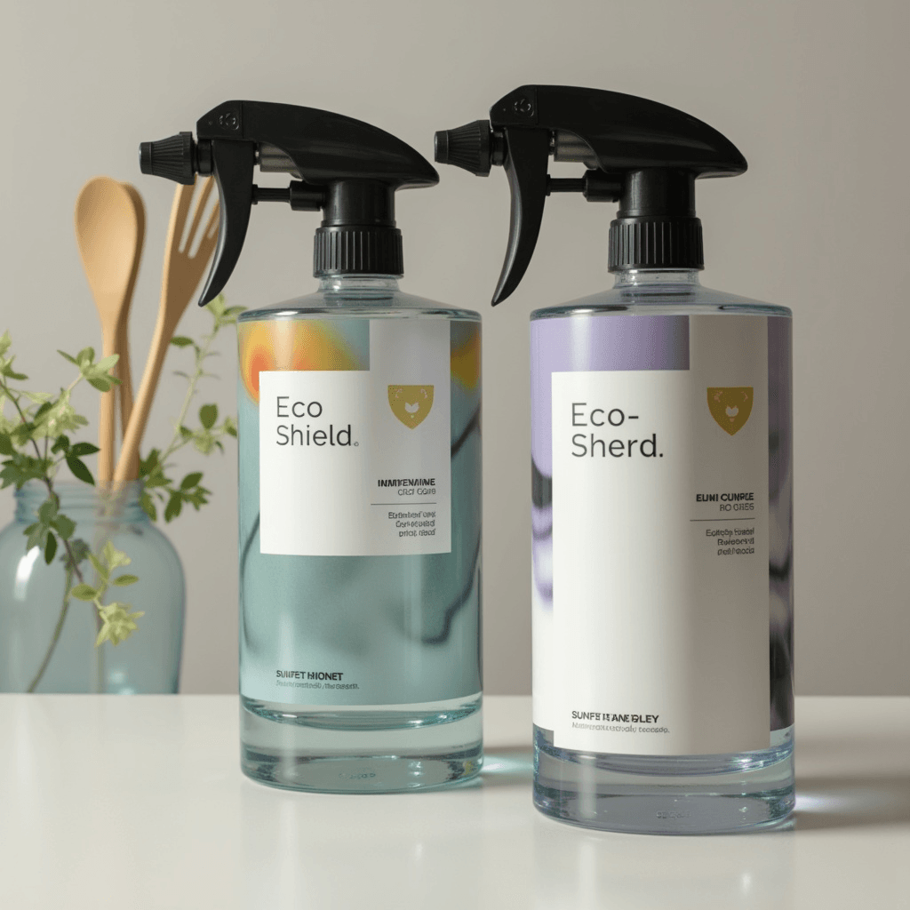 Two spray bottles of cleaning products labeled ‘Eco Shield’ and ‘Eco Sherd,’ featuring minimalist designs with gradient color accents. The bottles are placed on a white surface, with a vase containing wooden utensils and greenery in the softly blurred background, creating a clean and eco-friendly atmosphere.