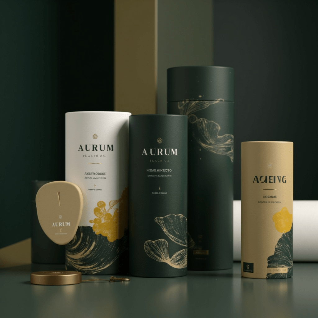 Collection of cylindrical packaging in green, white, and beige tones labeled ‘Aurum,’ featuring elegant gold accents and botanical illustrations. A beige scent diffuser and a round golden lid are placed in the foreground, all set against a dark green backdrop with soft lighting for a luxurious and modern presentation.