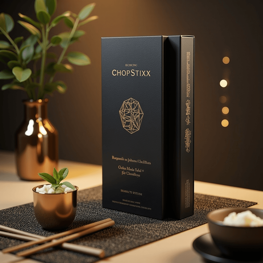 Elegant black packaging labeled ‘ChopStixx’ with gold geometric accents, displayed on a table with a textured placemat. The setup includes wooden chopsticks, a small copper cup with mint garnish, and a bowl of white rice. A softly lit background with a plant and golden bokeh lights adds a sophisticated ambiance