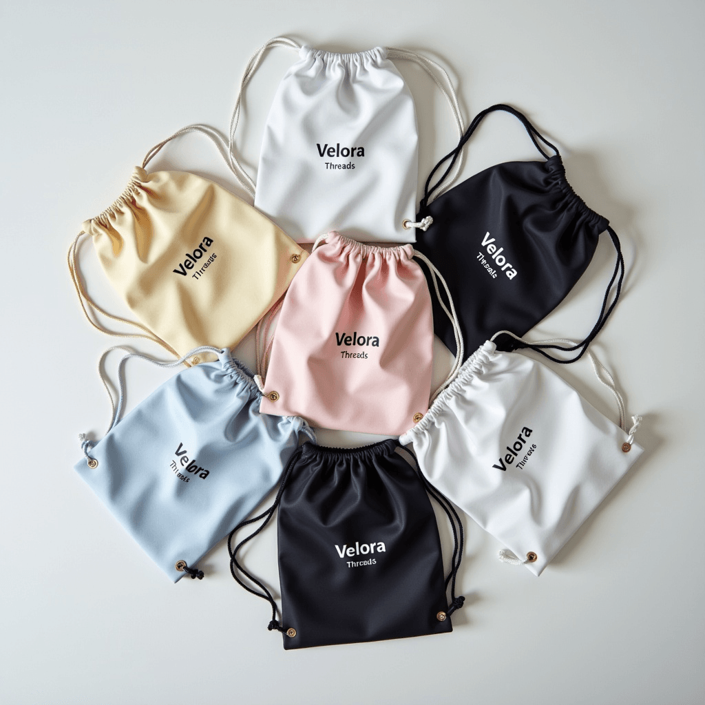 A collection of Velora Threads drawstring bags in pastel and neutral colors, including white, black, pink, blue, and beige, arranged in a circular pattern on a white surface. Each bag features a simple logo and brass grommets, emphasizing a clean and minimalistic design.”