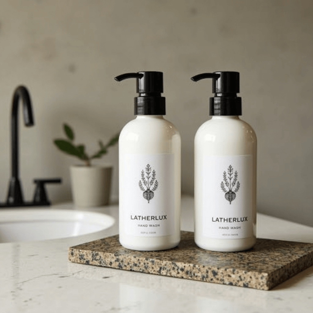 Two white bottles of Latherlux hand wash with black pump dispensers, placed on a speckled stone tray on a bathroom countertop. A black faucet and a small potted plant are visible in the softly blurred background, creating a clean and minimalist aesthetic.