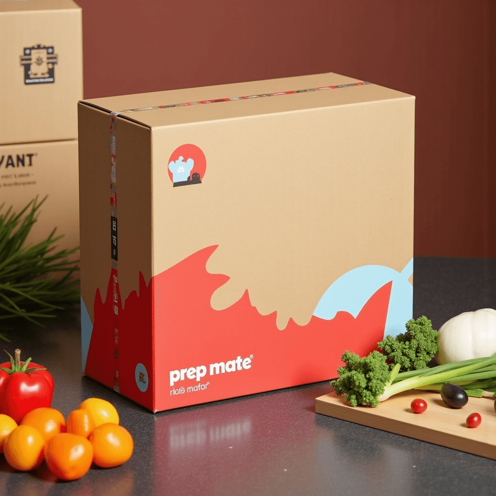 Cardboard box labeled ‘Prep Mate’ with red and blue graphic designs, placed on a kitchen counter. Fresh vegetables, including cherry tomatoes, broccoli, green onions, and a white onion, are arranged nearby on a cutting board and the counter, emphasizing a cooking and meal prep theme.