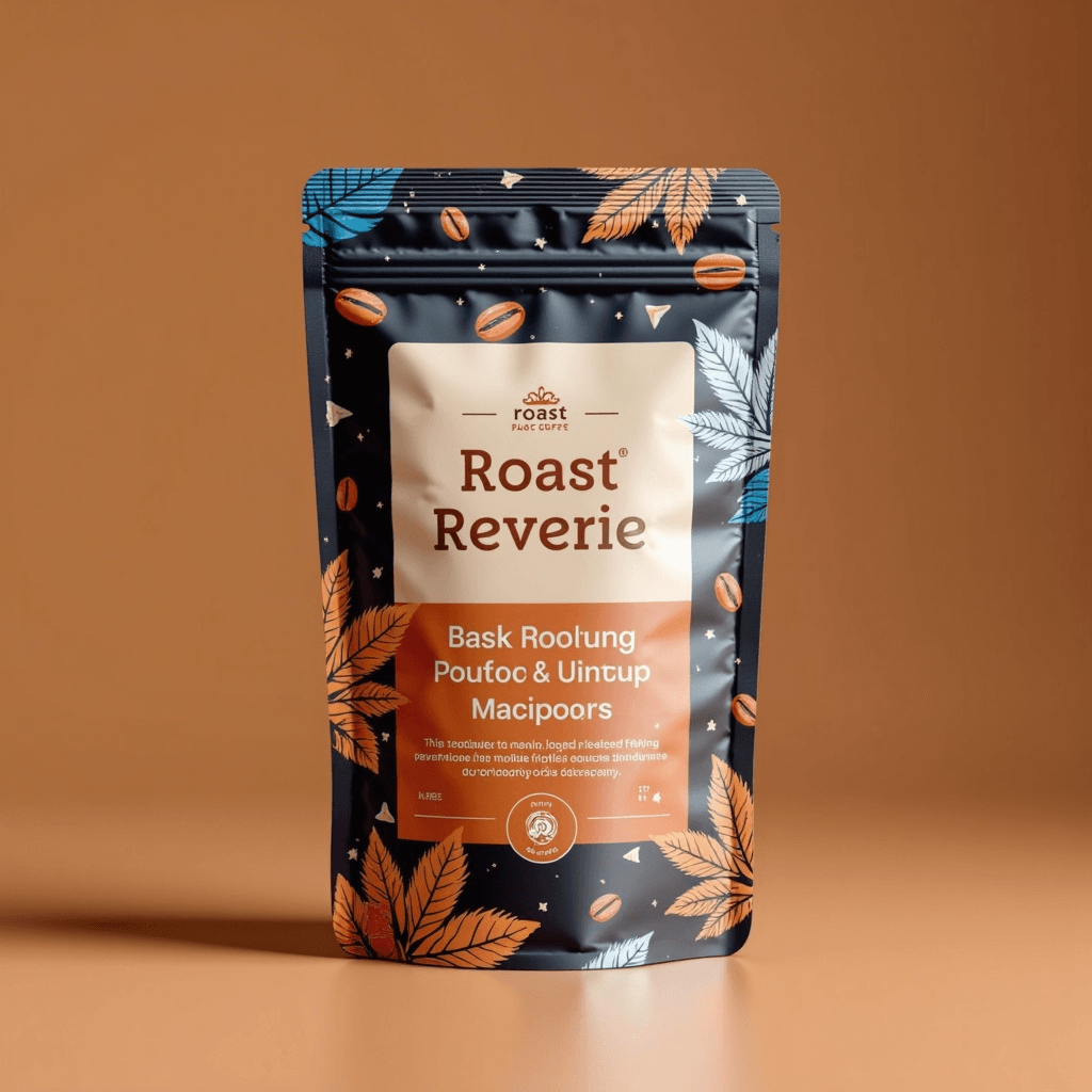 Standing coffee bag labeled ‘Roast Reverie’ against a warm orange background. The bag features a black and orange design with coffee beans and leaf illustrations, evoking an autumnal theme. The text describes the coffee blend and its characteristics, creating a cozy and artisanal feel.