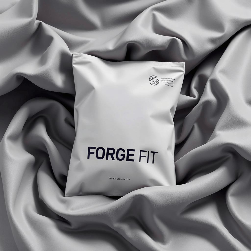 A minimalist package labeled ‘Forge Fit’ resting on soft, gray draped fabric. The sleek white bag features simple typography and a subtle logo in the top corner, creating a clean and modern design against the textured fabric backdrop.