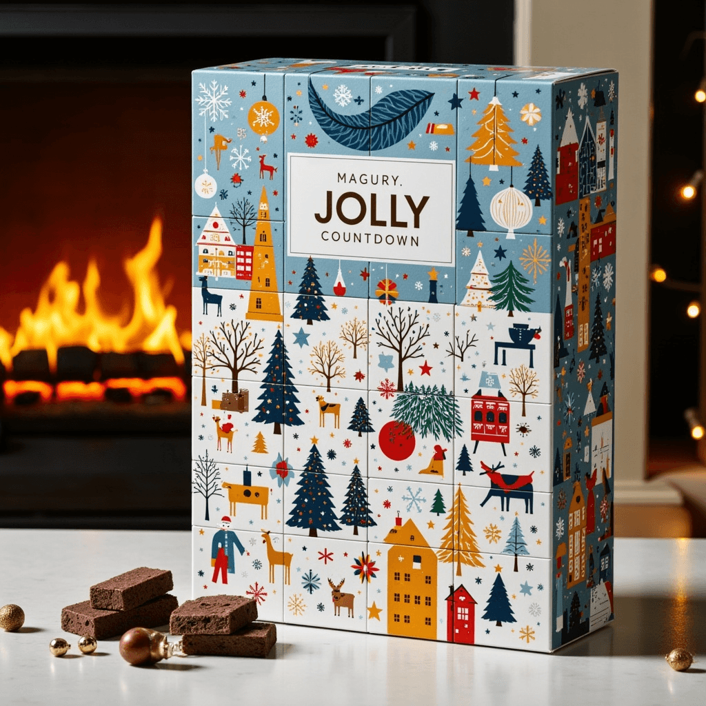 Festive advent calendar box labeled ‘Magury Jolly Countdown’ featuring colorful holiday illustrations of trees, ornaments, and winter scenes. The box is placed on a white countertop with brownies and golden decorative spheres in the foreground. A glowing fireplace and string lights create a warm, cozy background.