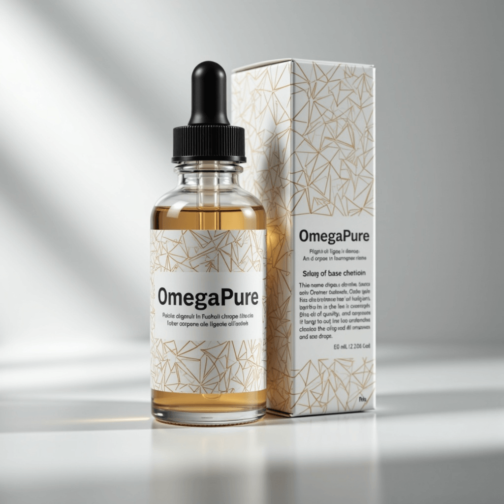 A glass bottle of OmegaPure dietary supplement with a black dropper cap, displayed alongside its matching geometric-patterned box. The design features a clean, modern aesthetic with gold accents on a white background, placed on a reflective white surface with soft lighting.