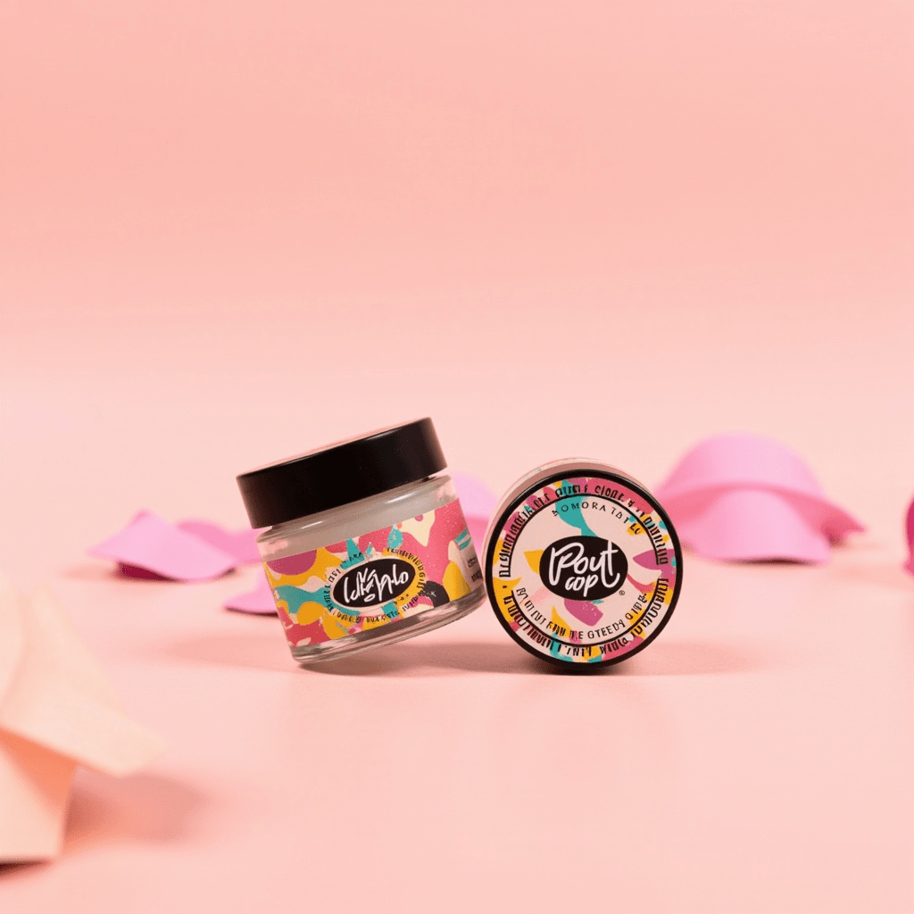 A  small glass jar and matching lid labeled ‘Pout Pop,’ featuring a colorful and playful design with vibrant patterns. The products are set against a pastel pink background with soft, abstract paper decorations, creating a cheerful and whimsical aesthetic.