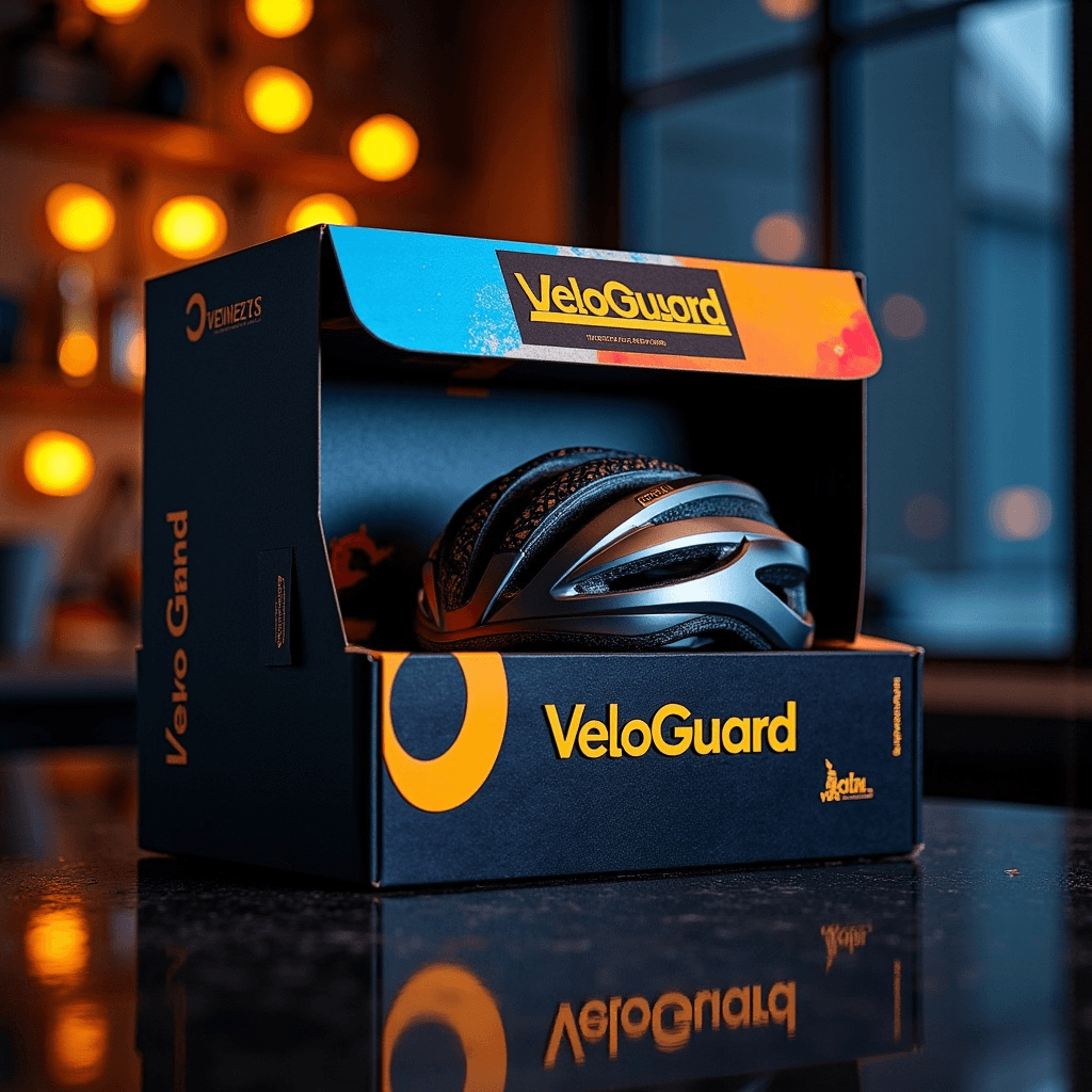 A sleek cycling helmet inside an open VeloGuard-branded box with vibrant orange and blue accents, placed on a reflective black surface. The background features warm, soft lighting from decorative fixtures and a window, creating a modern and dynamic setting.