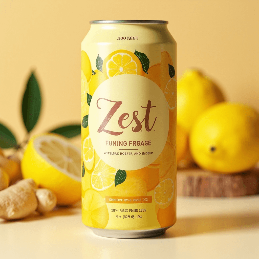 Yellow can labeled ‘Zest’ with illustrations of lemons and green leaves, set against a warm yellow background. Fresh lemons, ginger, and a wooden cutting board are visible in the background, creating a bright and refreshing scene.