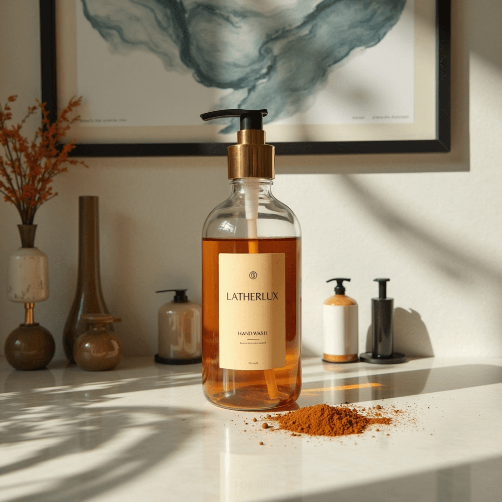 Clear glass bottle of amber-colored hand wash with a gold pump labeled ‘Latherlux Hand Wash’ placed on a white countertop. Sunlight creates soft shadows, and the setup includes ceramic vases and a small pile of orange-brown powder for a warm, minimalist aesthetic.