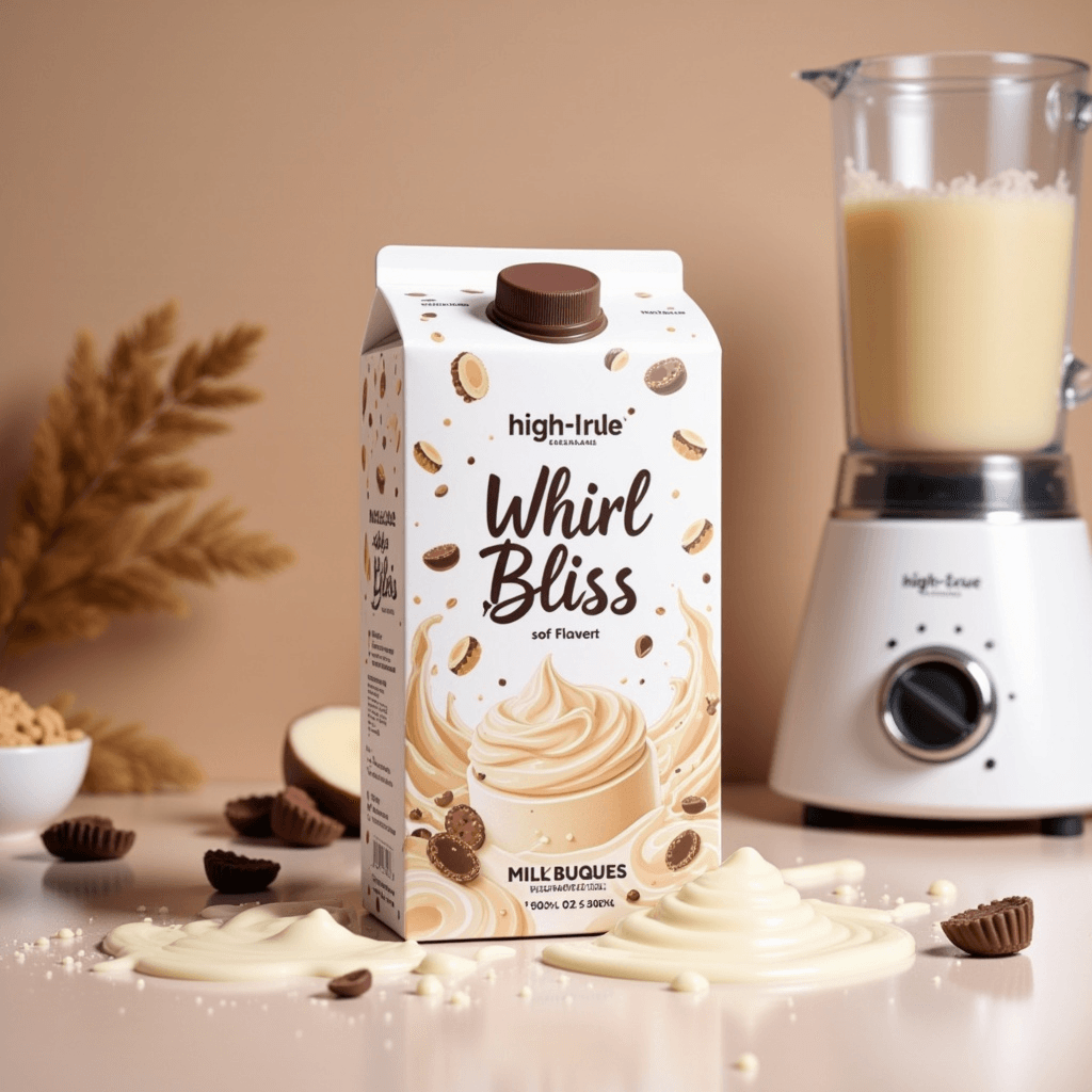 Carton of ‘Whirl Bliss’ soft-flavored milk with cream swirl and chocolate illustrations, placed on a light beige countertop. Spilled milk forms a swirl pattern around scattered chocolate pieces. A blender filled with milk stands in the background, with dried wheat stalks and a bowl of ingredients adding to the cozy kitchen scene.